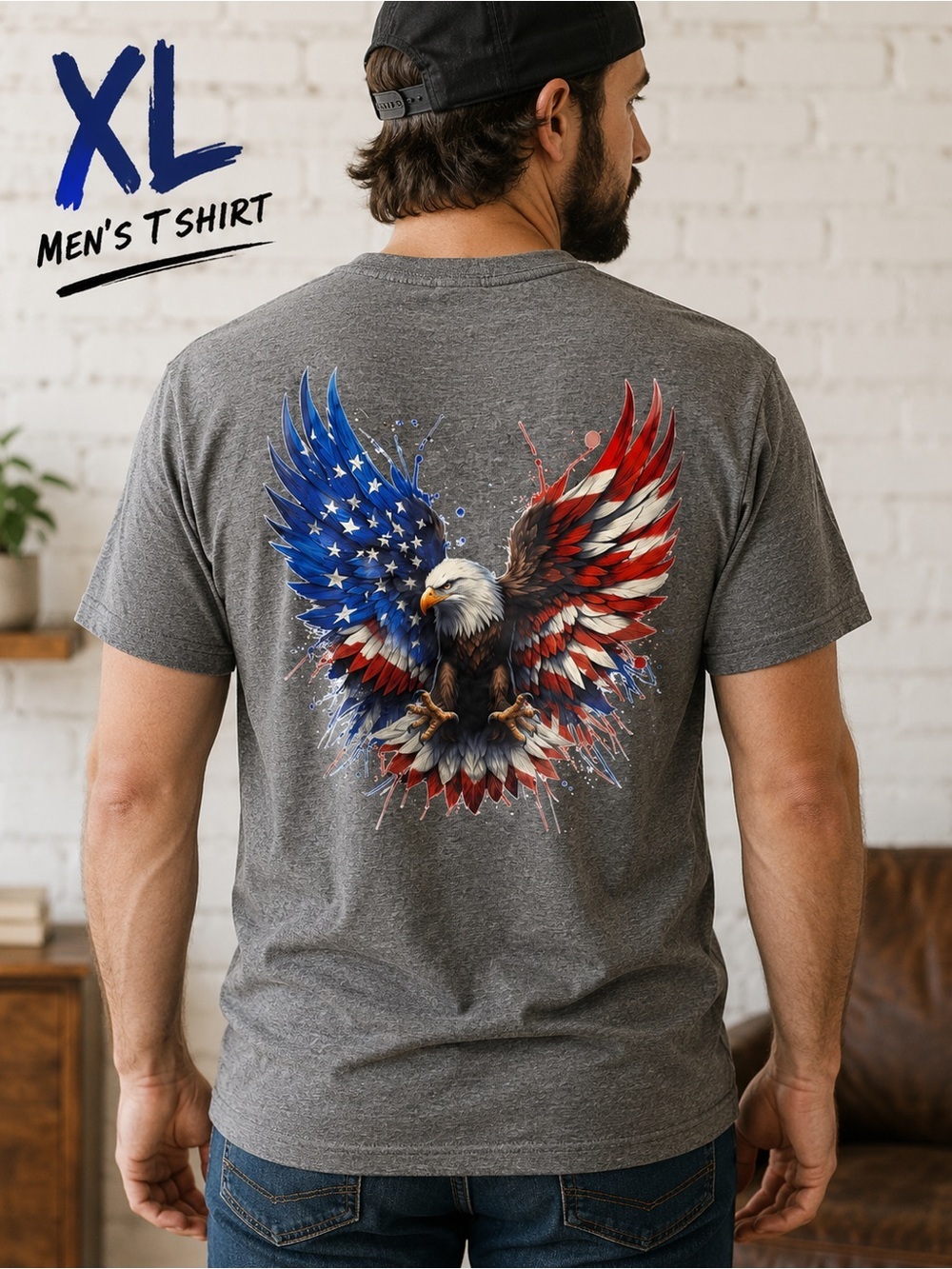 Hand Crafted Gray Tee with Red, White & Blue Eagle Graphic XL